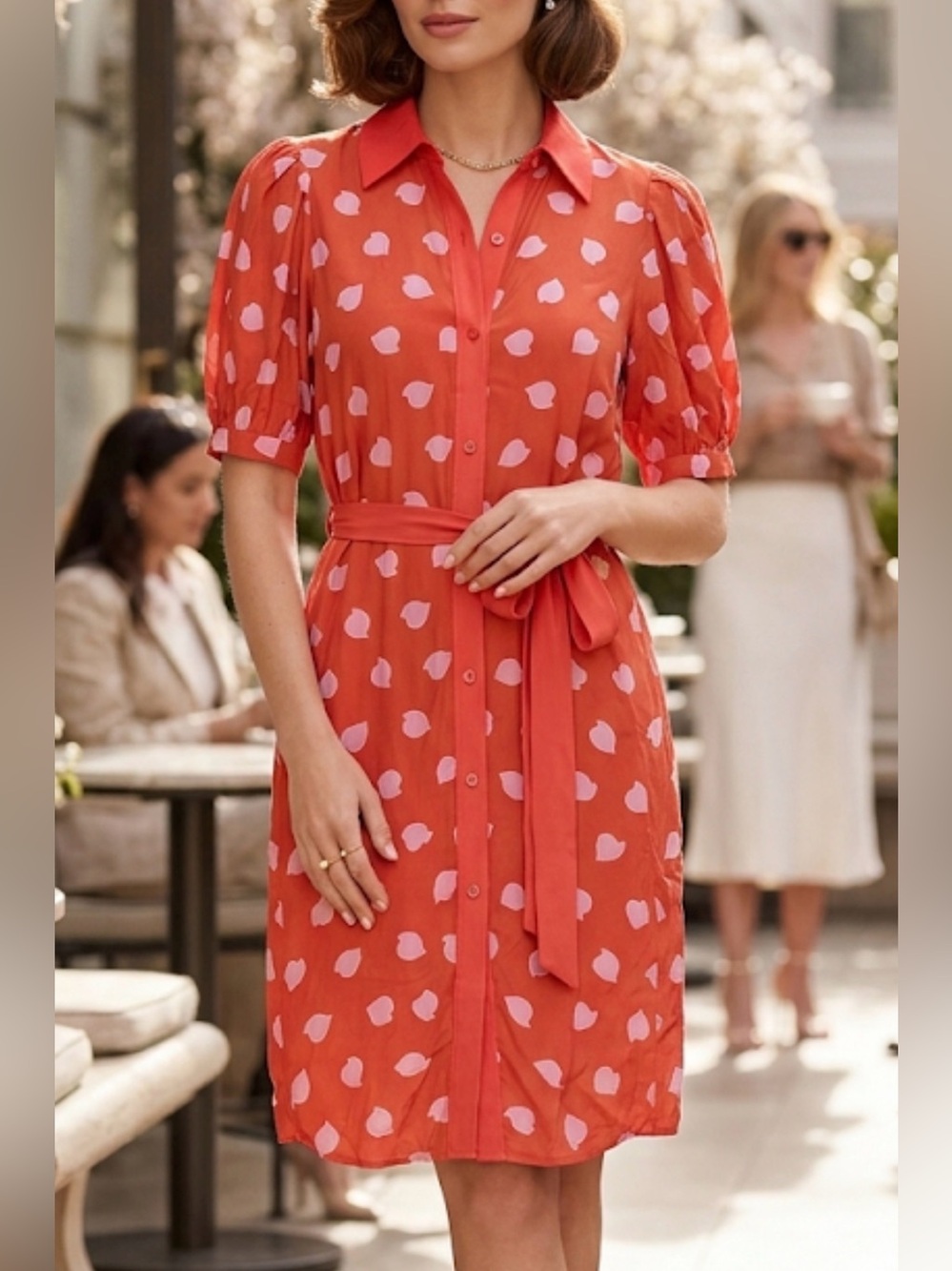 Diane von Furstenberg Red Pink Heart Leaf Print Silk Shirt Dress Sz2 Puff Sleeve